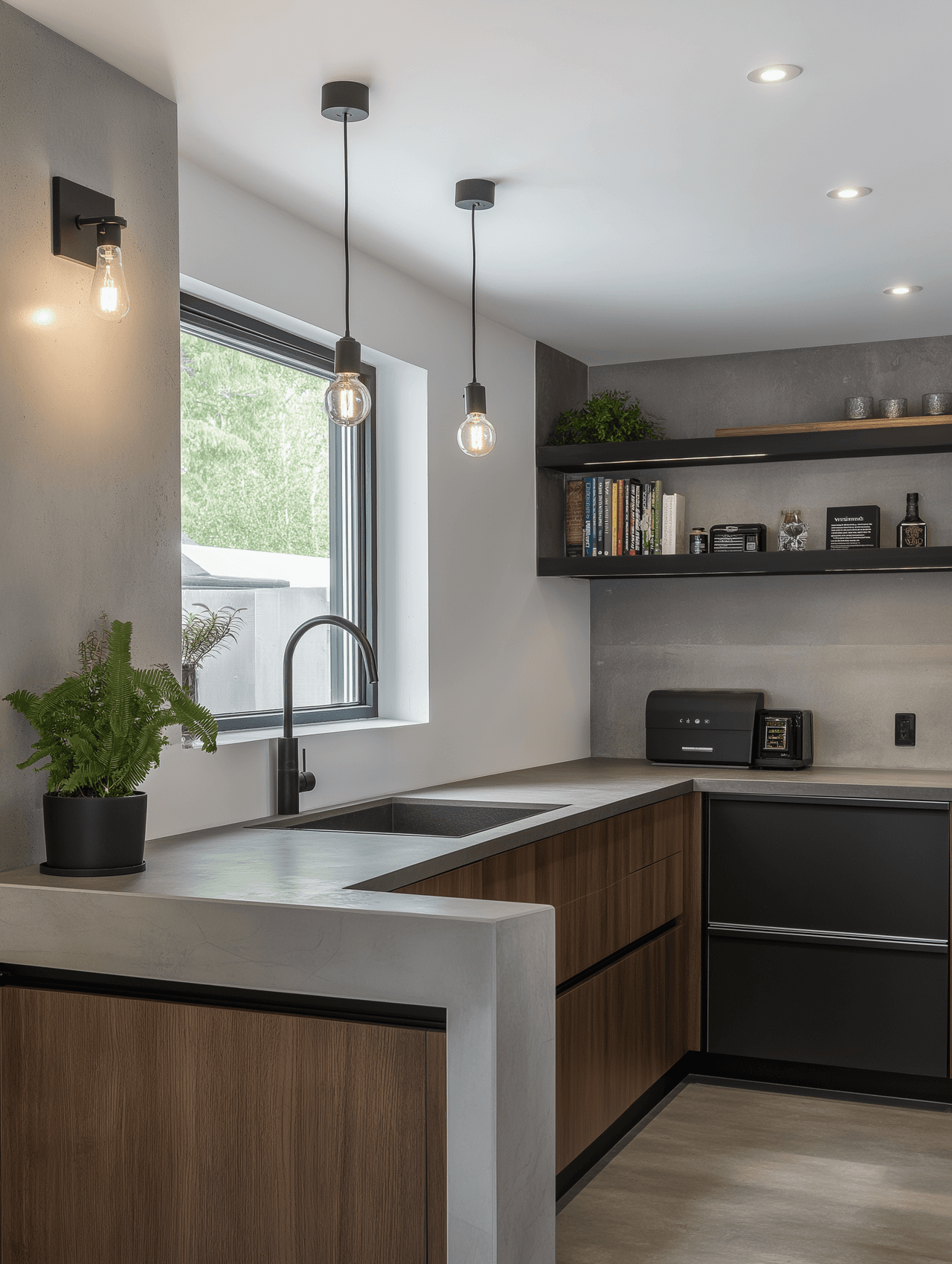 Contemporary kitchen with gray countertop, wood cabinets, black faucet, pendant lights, wall shelves and decorative plants