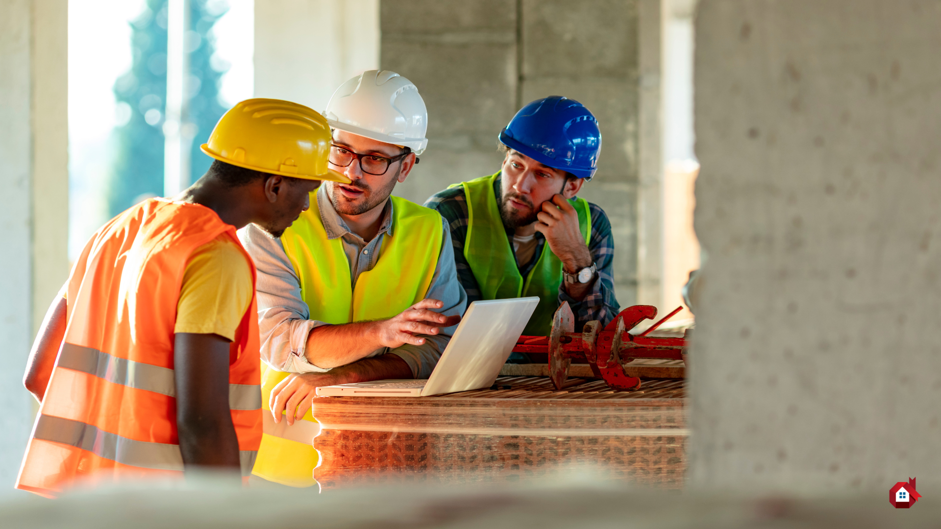 three man in front of a laptop on a construction site&nbsp;