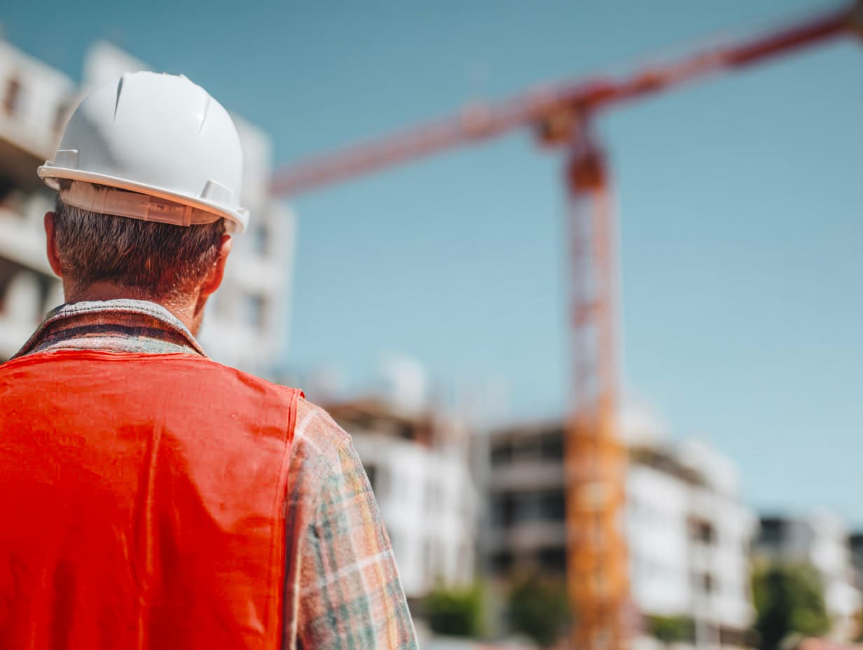 Construction worker wearing a safety helmet and high-visibility vest facing a building site with a crane and a building under construction