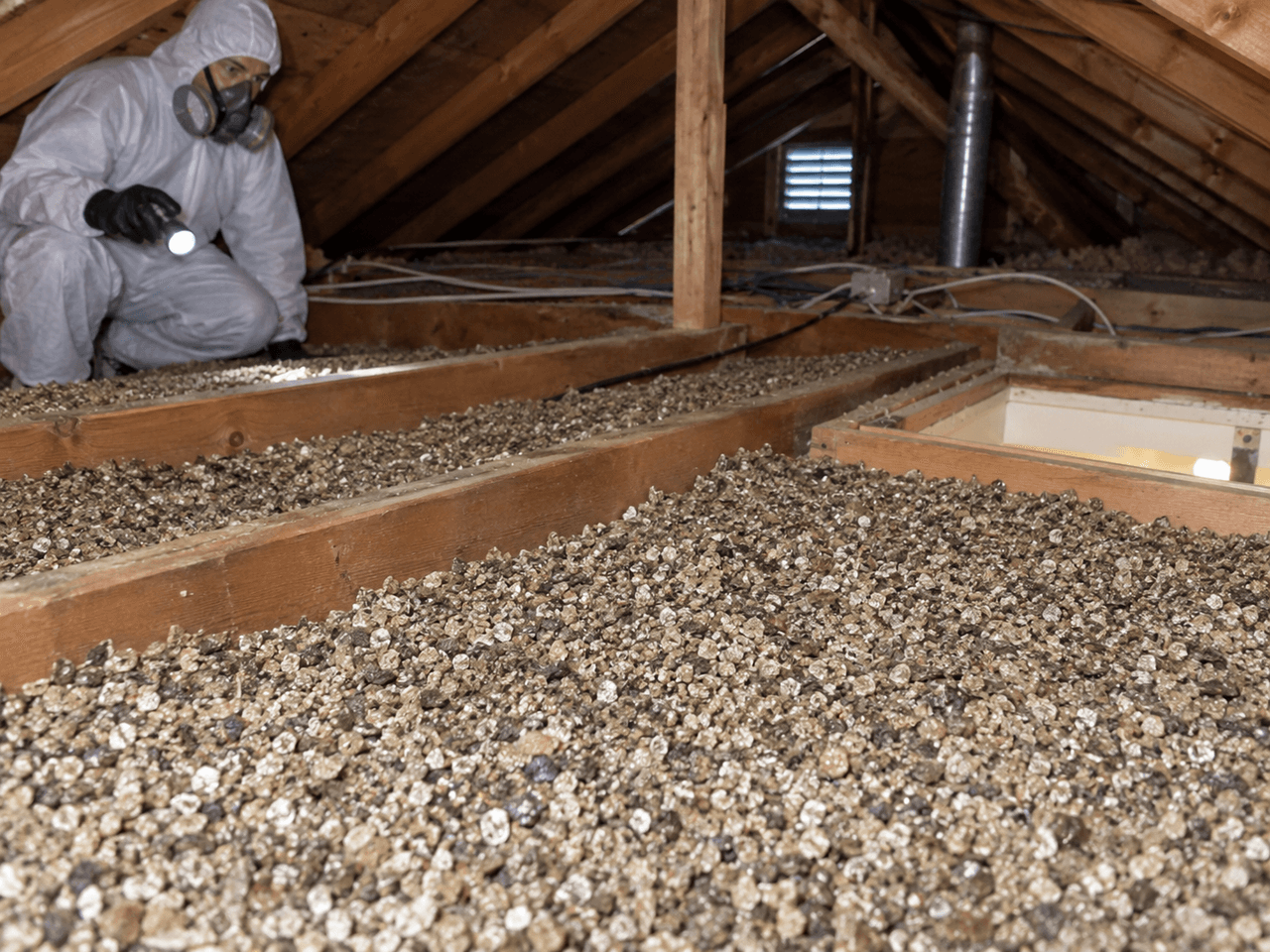 Technician wearing protective coveralls and a respirator inspecting an attic with loose granular insulation between wood joists using a flashlight