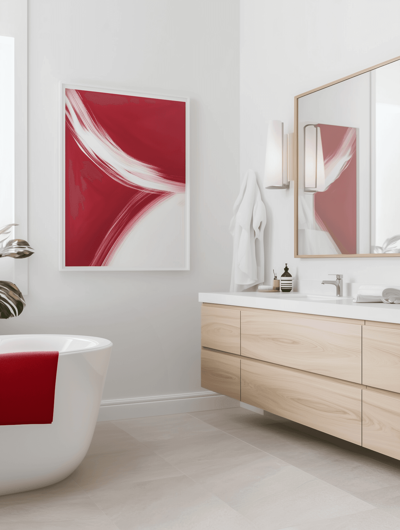 Contemporary bathroom with white bathtub, light wood vanity and red abstract wall artwork
