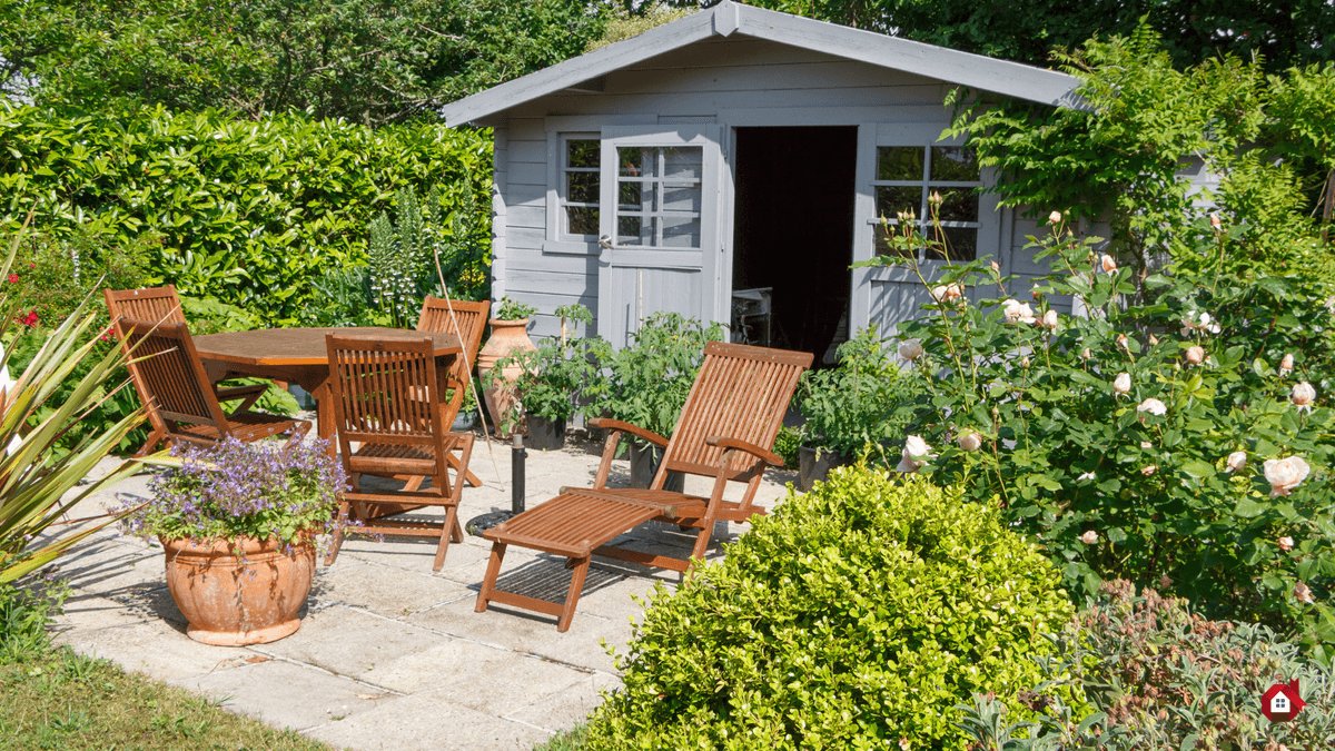  Blue she-shed with furnished exterior