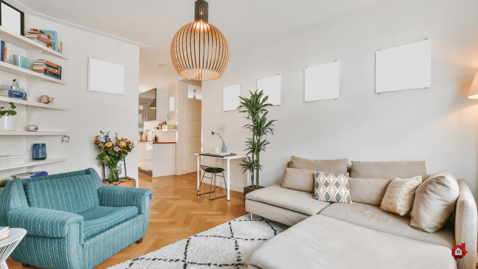 Warm living room with round pendant lignt&nbsp;