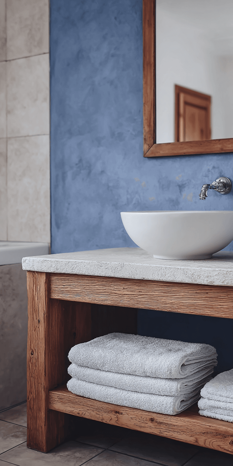 Wood vanity sink with modern white basin, textured blue wall and folded towels in a contemporary bathroom