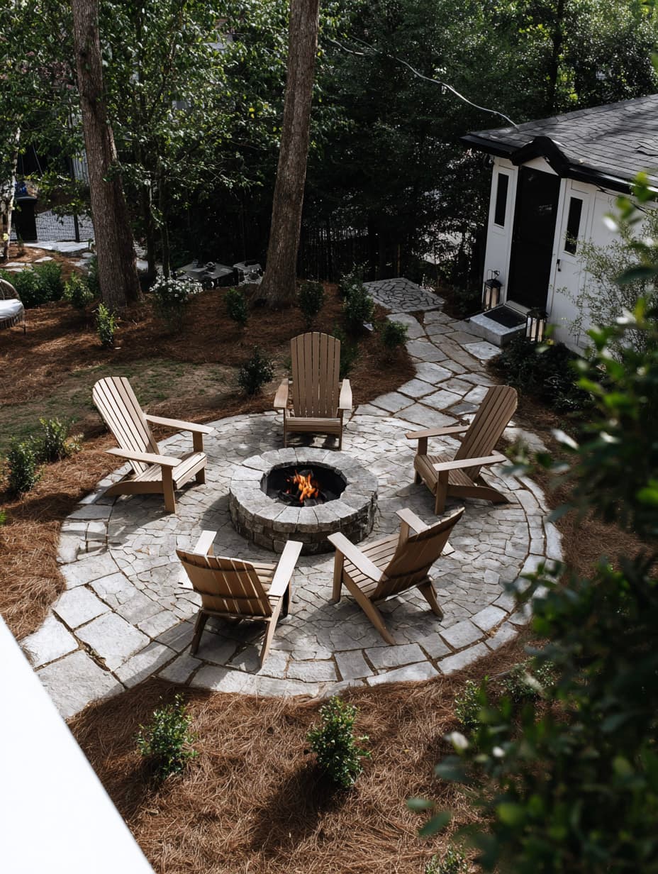 Landscaped backyard with circular stone fire pit, Adirondack chairs, natural stone patio, garden pathway, mature trees and shrubs.