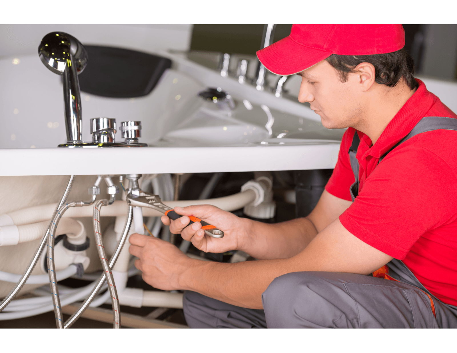 Plumber in a red uniform repairing the plumbing under a modern bathtub with a wrench.