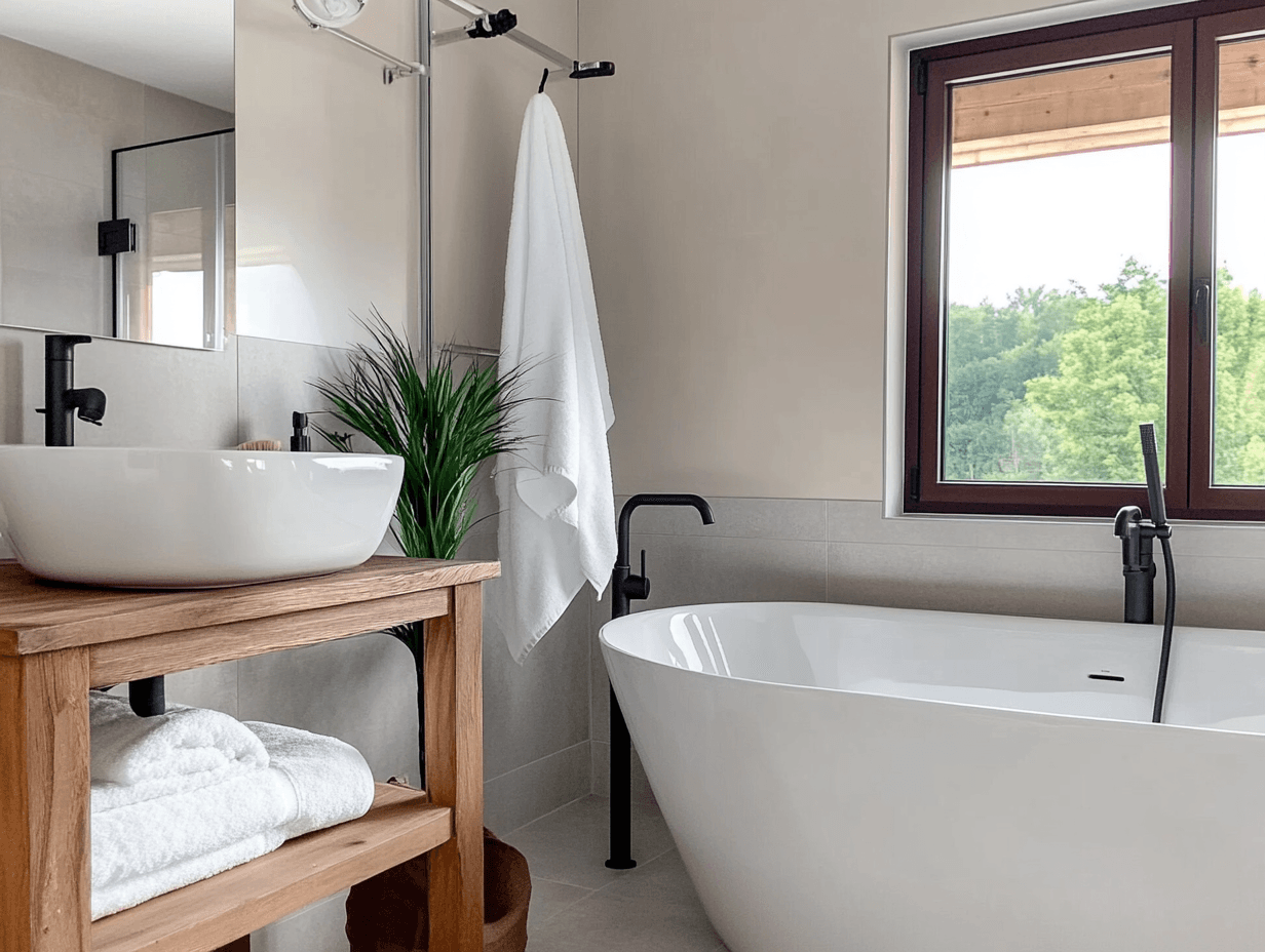 Contemporary bathroom with freestanding bathtub, wooden vanity, white vessel sink, black fixtures and large window