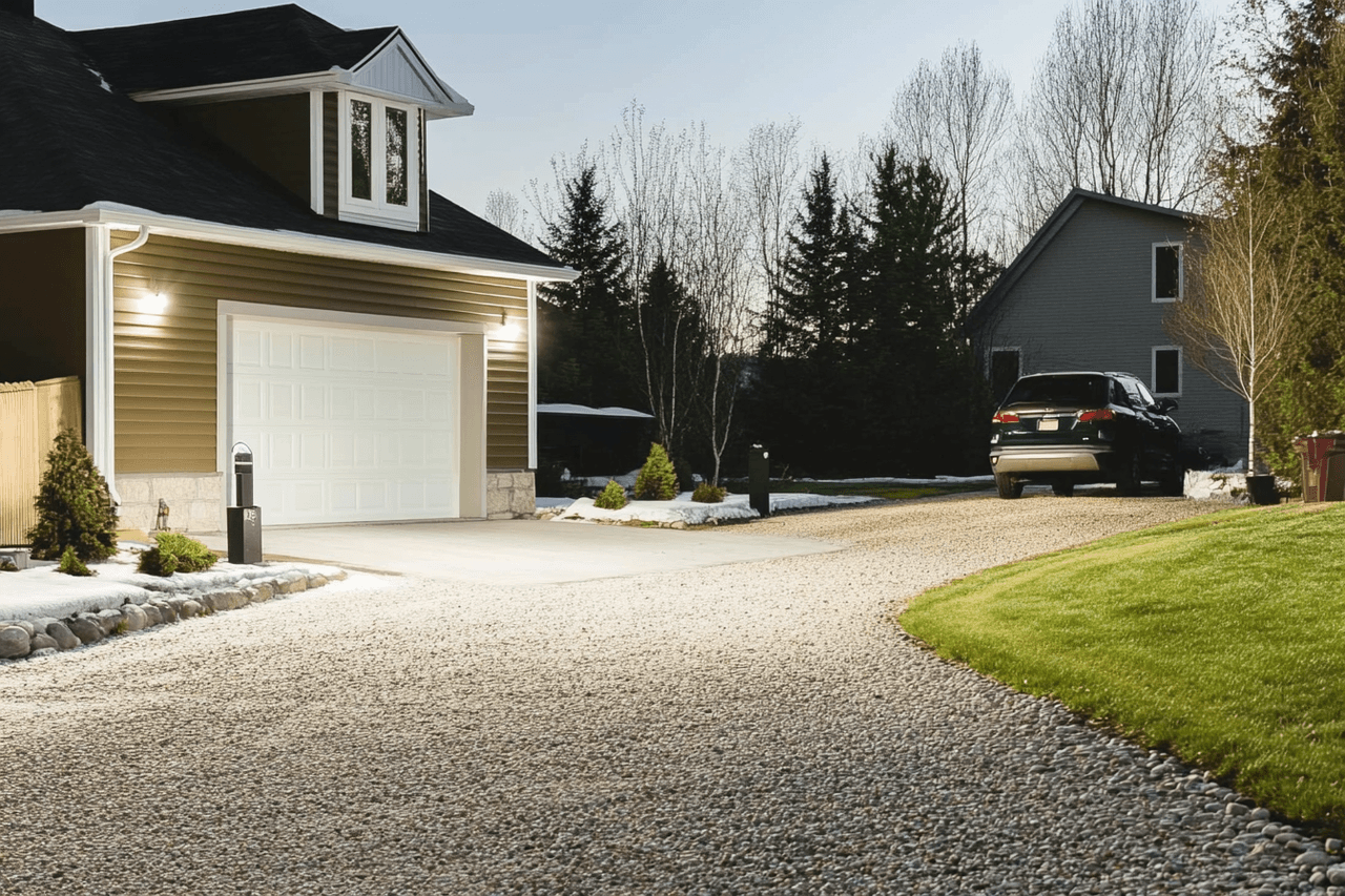 Gravel driveway leading to a residential garage with modern house, parked car and landscaped yard