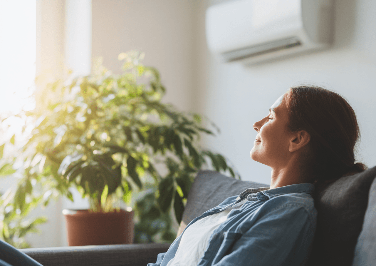 Relaxed woman on a sofa enjoying air conditioning in a bright living room with indoor plant