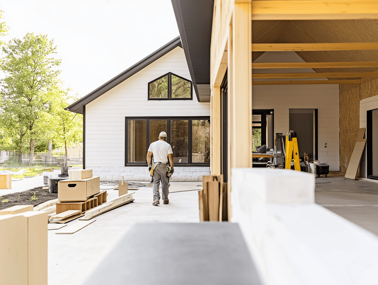 Residential construction work with carpenter on outdoor site and wooden structure under development