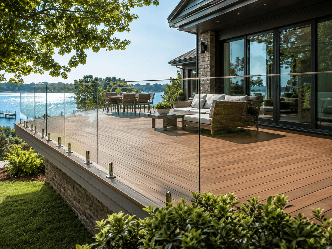 Large modern composite wood deck with glass railings, outdoor furniture, and panoramic lake views attached to a contemporary home