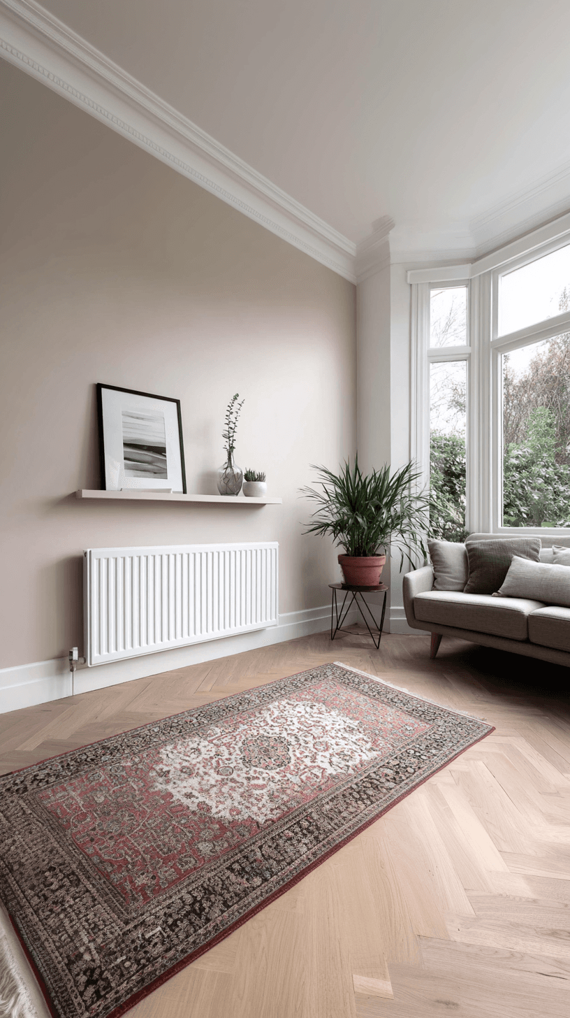 Bright living room with white crown molding, herringbone wood floor, decorative rug, wall radiator, large window and gray sofa