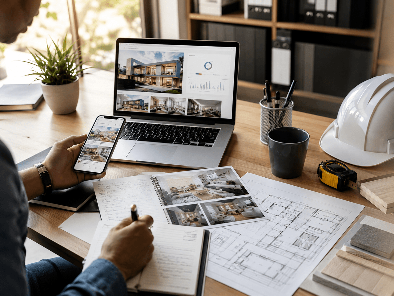 Construction professional reviewing residential projects on a laptop and smartphone, surrounded by architectural plans, material samples, and a hard hat.