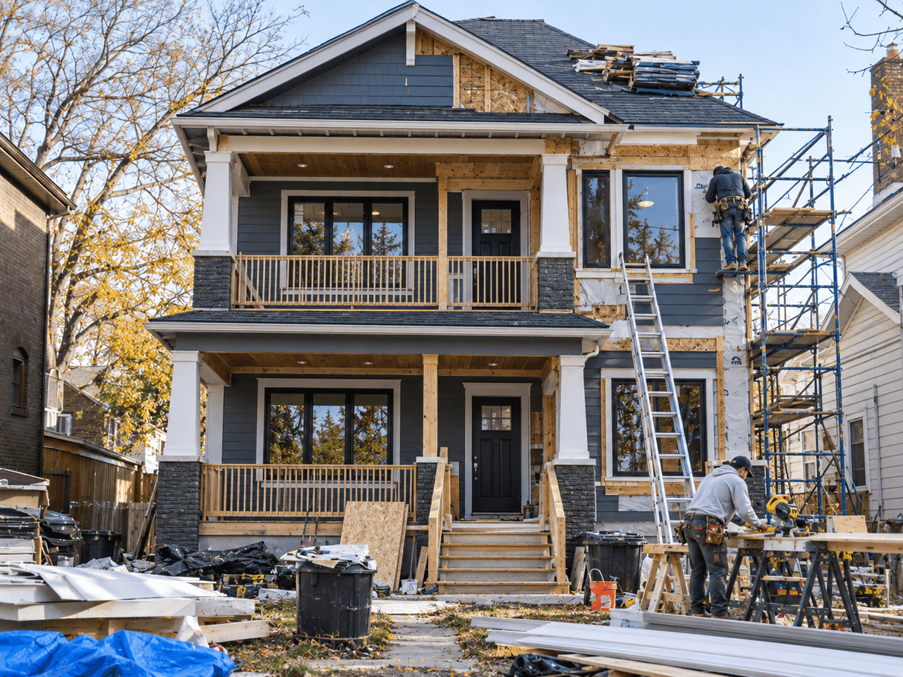 Exterior renovation of a two-story house featuring grey siding installation, scaffolding, construction workers, a shingle roof and wooden balconies