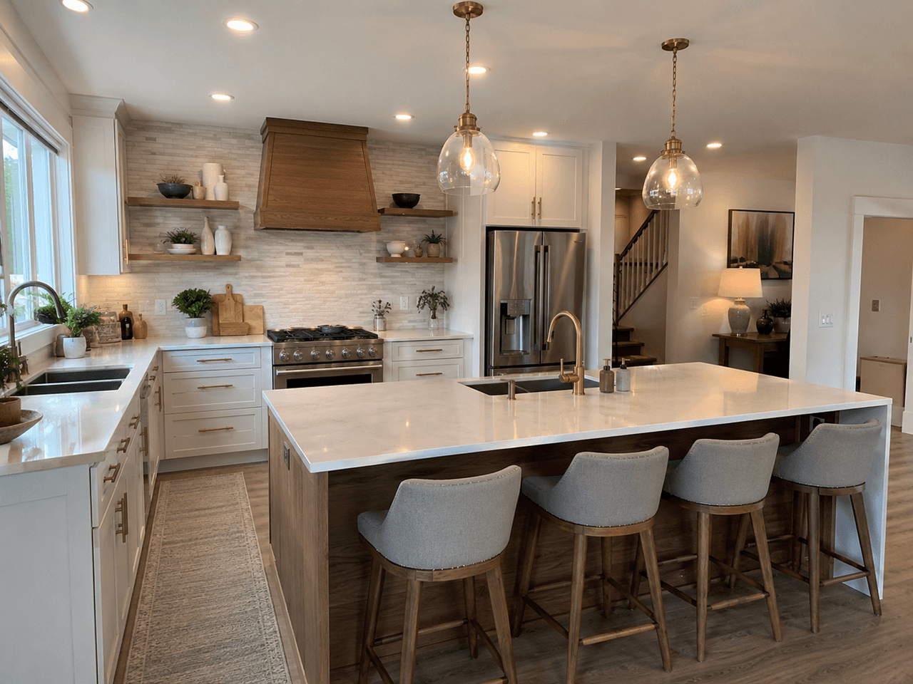 Bright elegant kitchen with a large central island, white stone countertop, white cabinetry, a wood range hood, glass pendant lights, and upholstered stools.