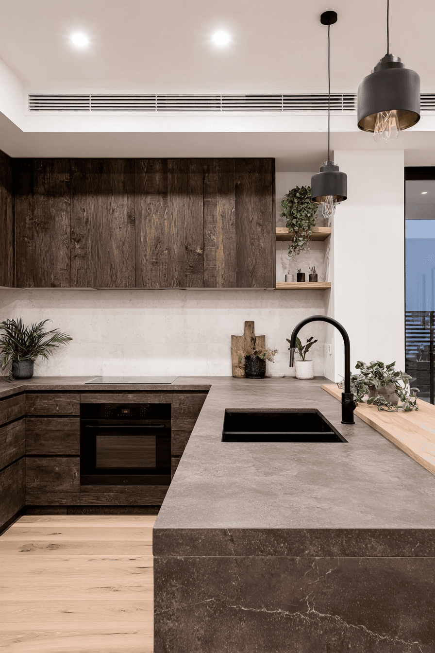 Modern kitchen with dark wood cabinets, quartz island, black built-in sink, pendant lighting and minimalist plant decor
