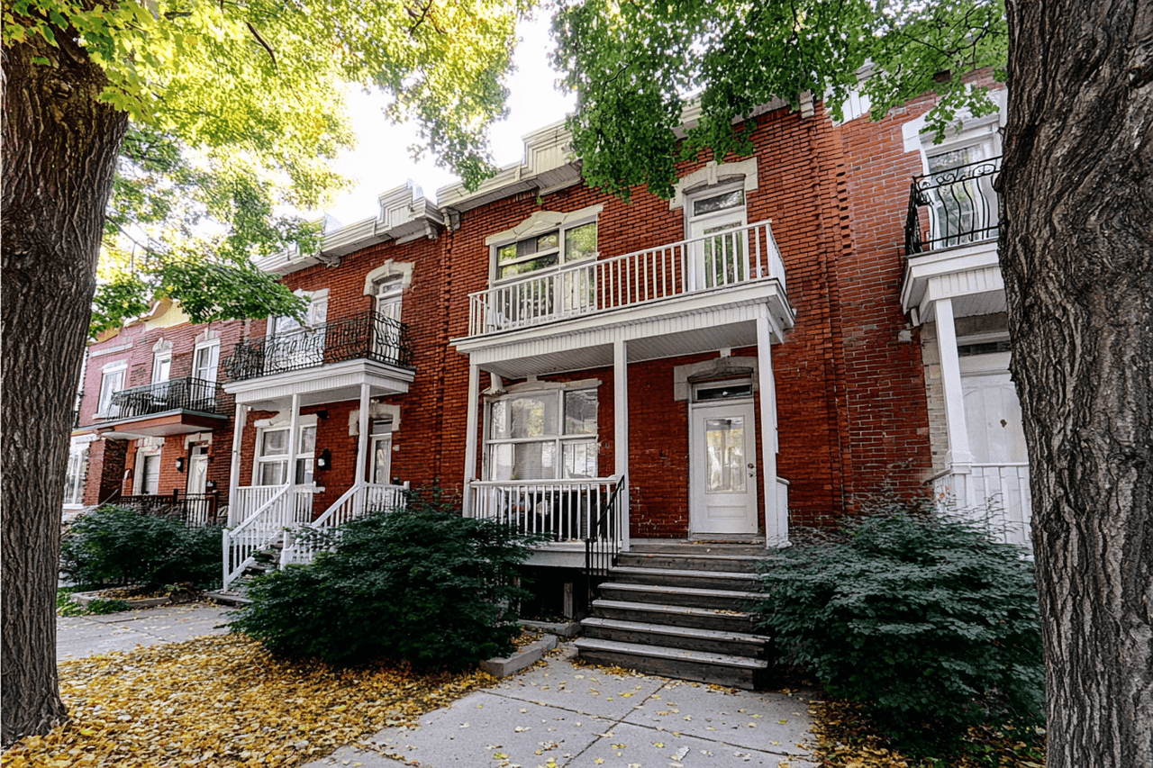 Facade of red brick row houses with balconies and wooden stairs surrounded by mature trees in autumn