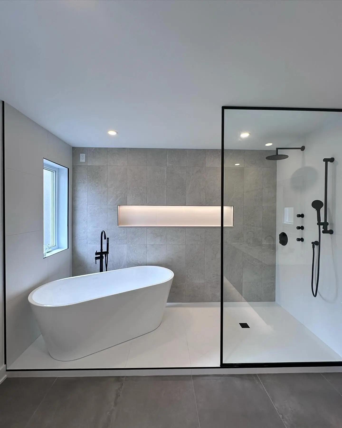 Modern bathroom with a freestanding bathtub and walk-in shower