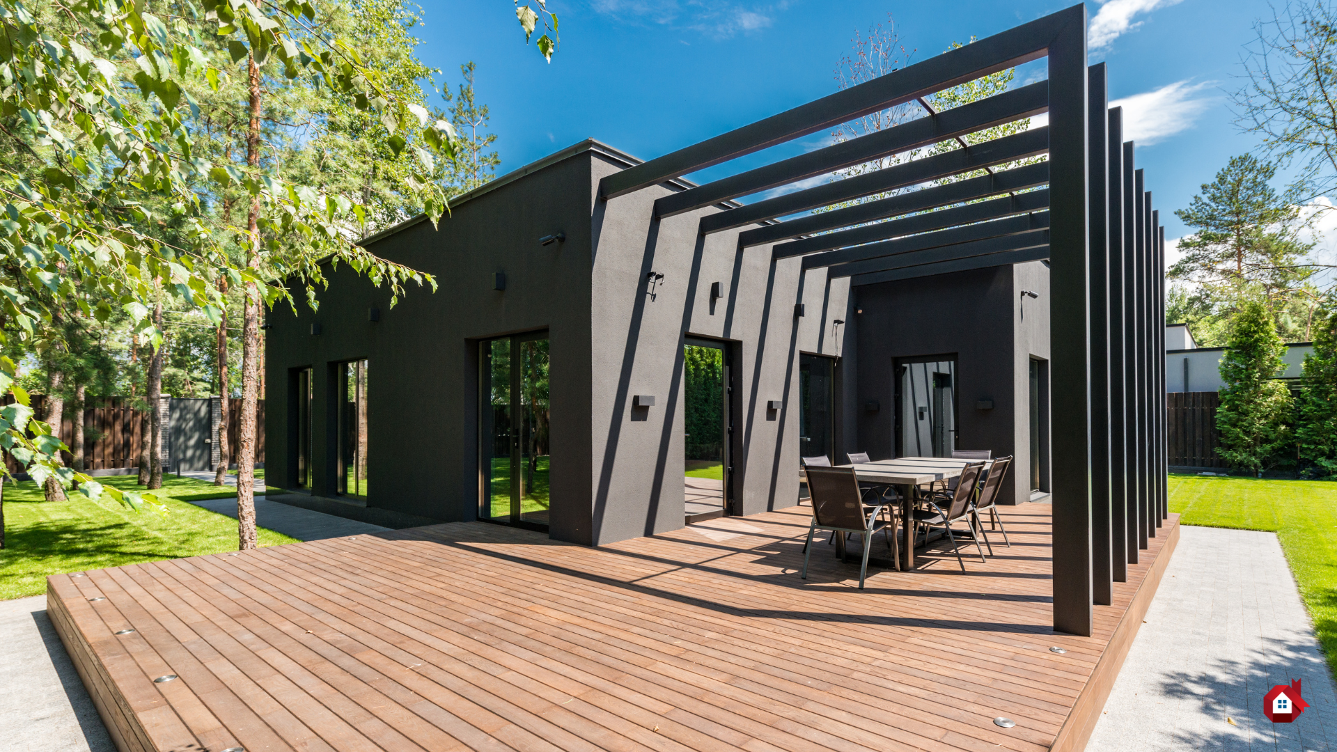 wooden terrace with black house 