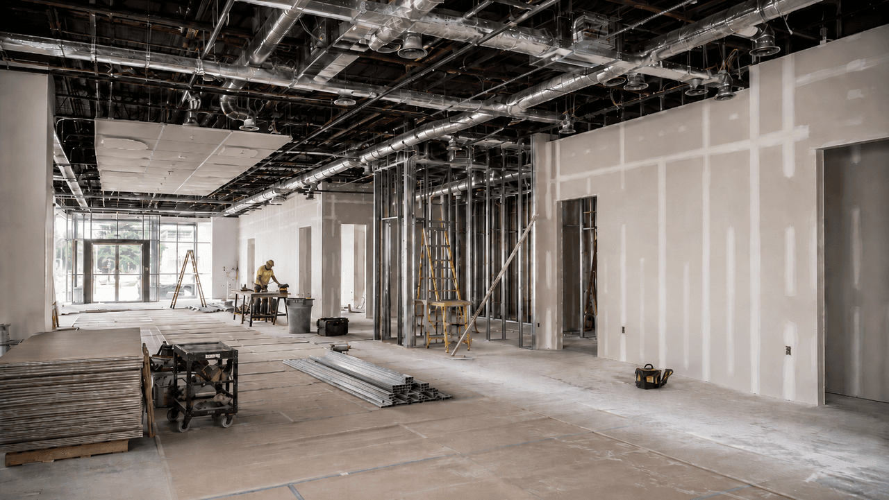 Commercial interior under renovation with drywall walls, exposed metal framing and an extensive ceiling ventilation duct system