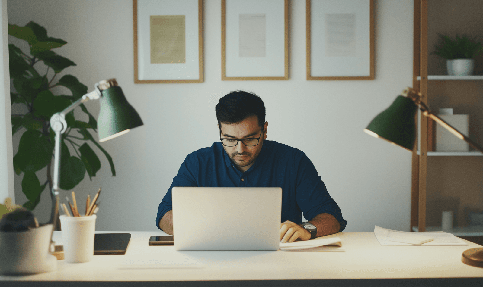 Man working on a laptop in a modern office with green desk lamps, decorative plants, and minimalist wall frames.