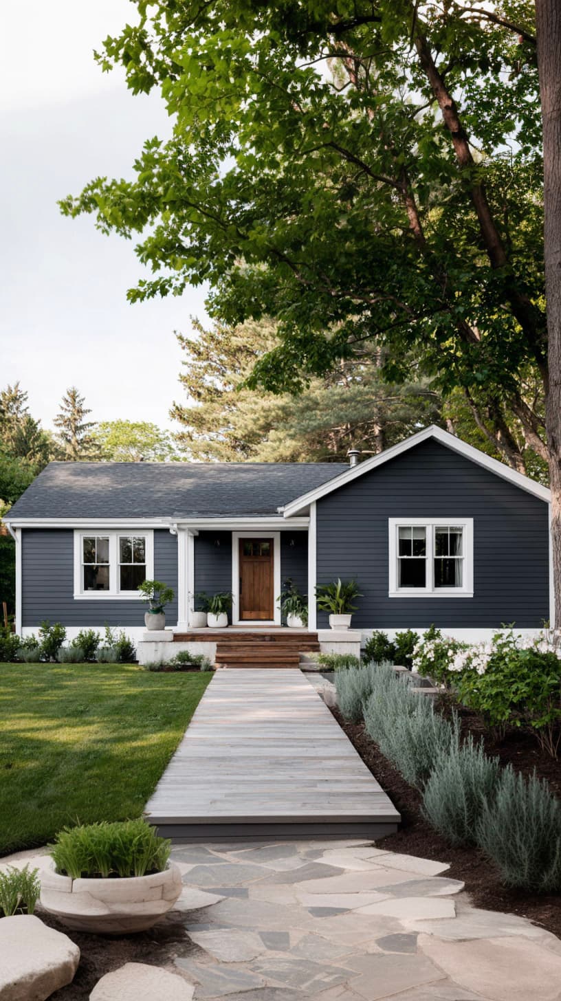 Front view of a modern single-storey house with dark blue siding, wooden entrance, and well-maintained landscaping  Mots-clés  Français : maison, façade, moderne, plain, pied, revêtement, extérieur, bleu, foncé, entrée, bois, porte, fenêtres, allée, pavée, aménagement, paysager, plantes, arbustes, pelouse, jardin Anglais : house, facade, modern, single, storey, siding, exterior, blue, dark, entrance, wood, door, windows, walkway, paved, landscaping, plants, shrubs, lawn, garden  Services associés  Français : Aménagement paysager, Maison, Revêtement extérieur Anglais : Exterior siding, House, Landscaping  Façade élégante d’une maison de plain-pied avec un revêtement bleu foncé, une porte d’entrée en bois naturel et un chemin pavé bordé de verdure. L’aménagement paysager est soigneusement entretenu, créant un cadre accueillant et naturel.  Elegant front of a single-storey house with dark blue siding, a natural wood front door, and a paved walkway bordered by greenery. The landscaping is neatly maintained, creating a welcoming and natural atmosphere.  Section de copie rapide  maison, façade, moderne, plain, pied, revêtement, extérieur, bleu, foncé, entrée, bois, porte, fenêtres, allée, pavée, aménagement, paysager, plantes, arbustes, pelouse, jardin, house, facade, modern, single, storey, siding, exterior, blue, dark, entrance, wood, door, windows, walkway, paved, landscaping, plants, shrubs, lawn, garden, Aménagement paysager, Maison, Revêtement extérieur, Exterior siding, House, Landscaping
