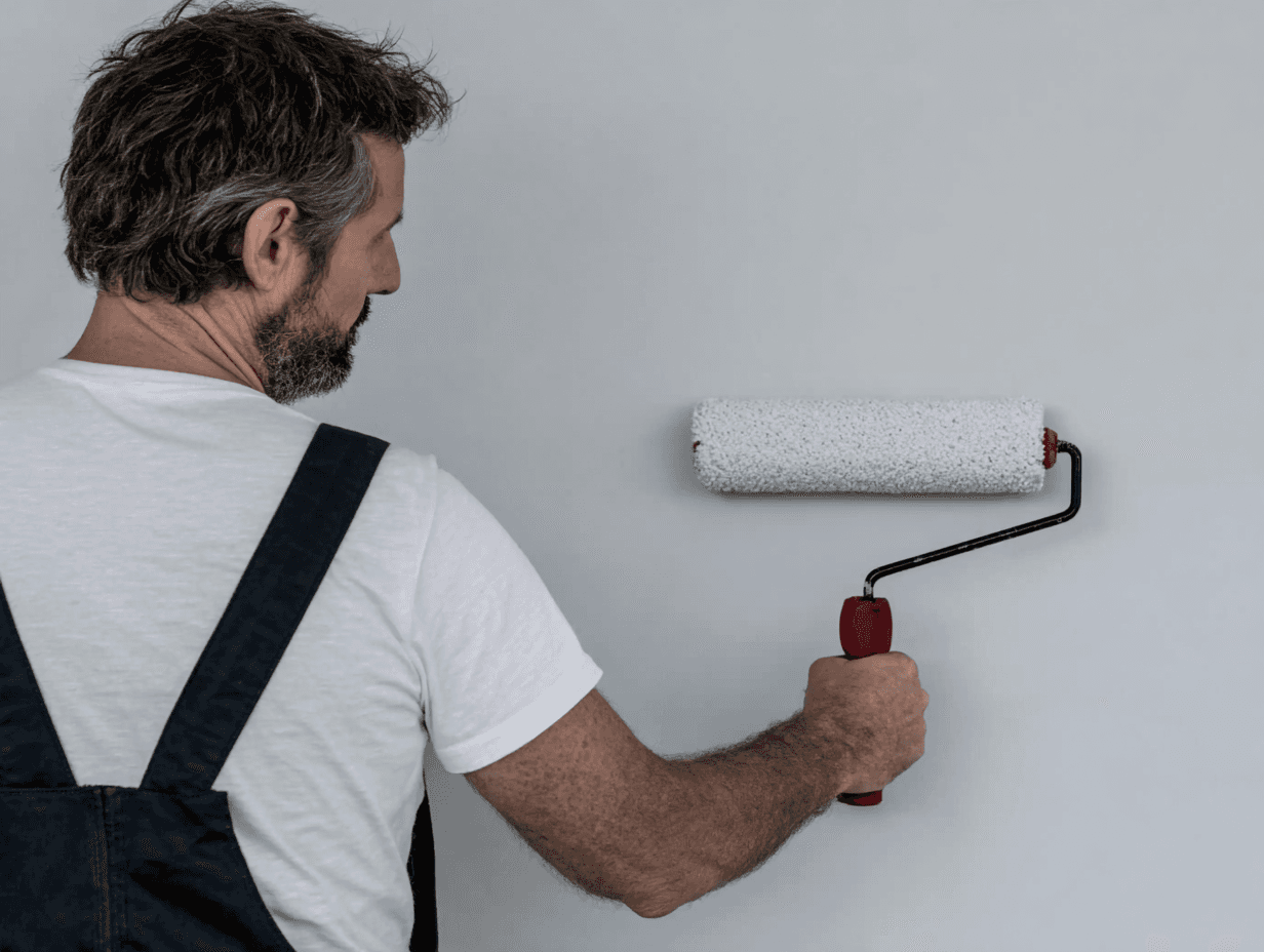 Painter in overalls using a roller to paint a light gray wall