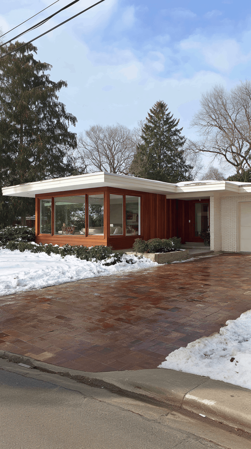 Modern single-story house with large windows, wood siding, brick paved driveway and winter landscaping