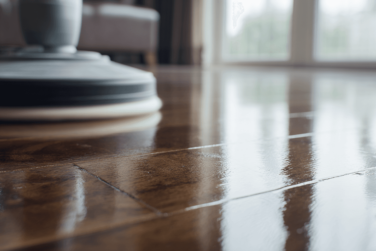Glossy hardwood floor with professional polishing and varnish finish in a bright living room