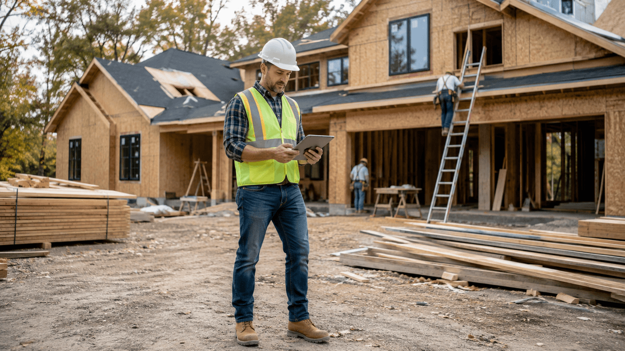 Construction professional reviewing a tablet in front of a new house under construction, with workers, ladders and framing materials on the job site