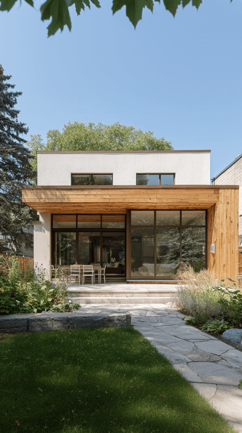Contemporary home with wood extension, large windows, stone patio and modern landscaping