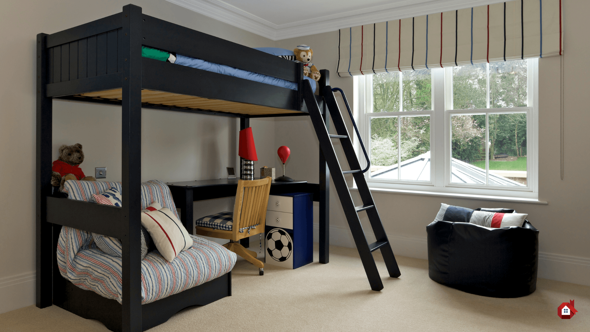 Modern kid's bedroom with loft bed, desk, and lounge area