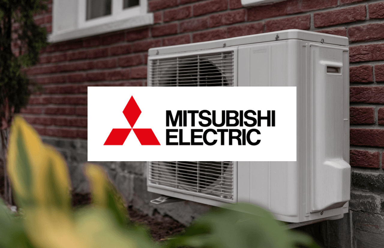 Mitsubishi Electric outdoor air conditioning unit installed on the brick wall of a residential home.