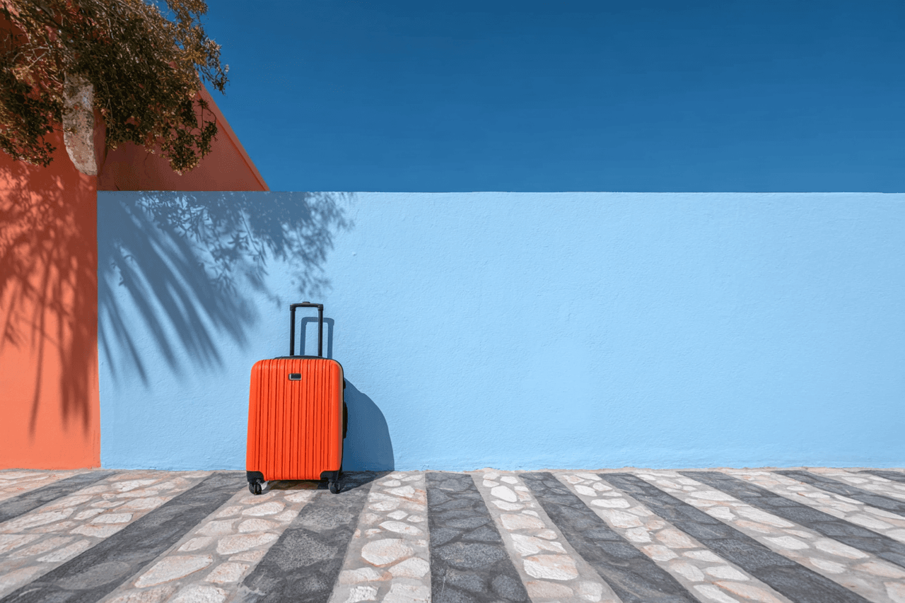 Orange suitcase on a stone terrace in front of a light blue wall, with clear sky, coral facade and tree shadows