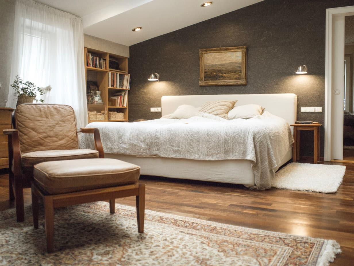 Warm bedroom with white bed, leather armchair, dark wall and wood flooring
