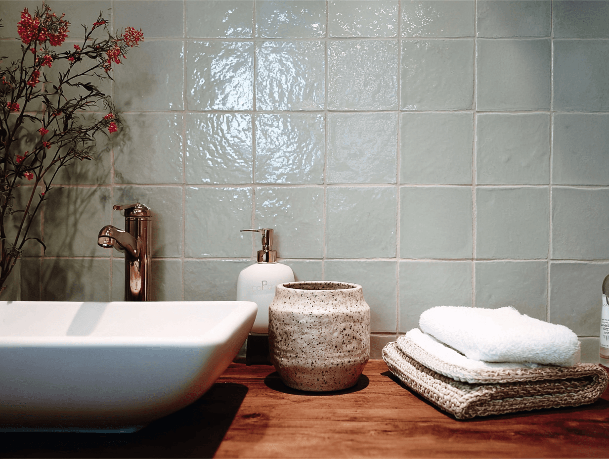 Modern sink on wooden vanity with gold faucet and glossy green zellige-style wall tiles
