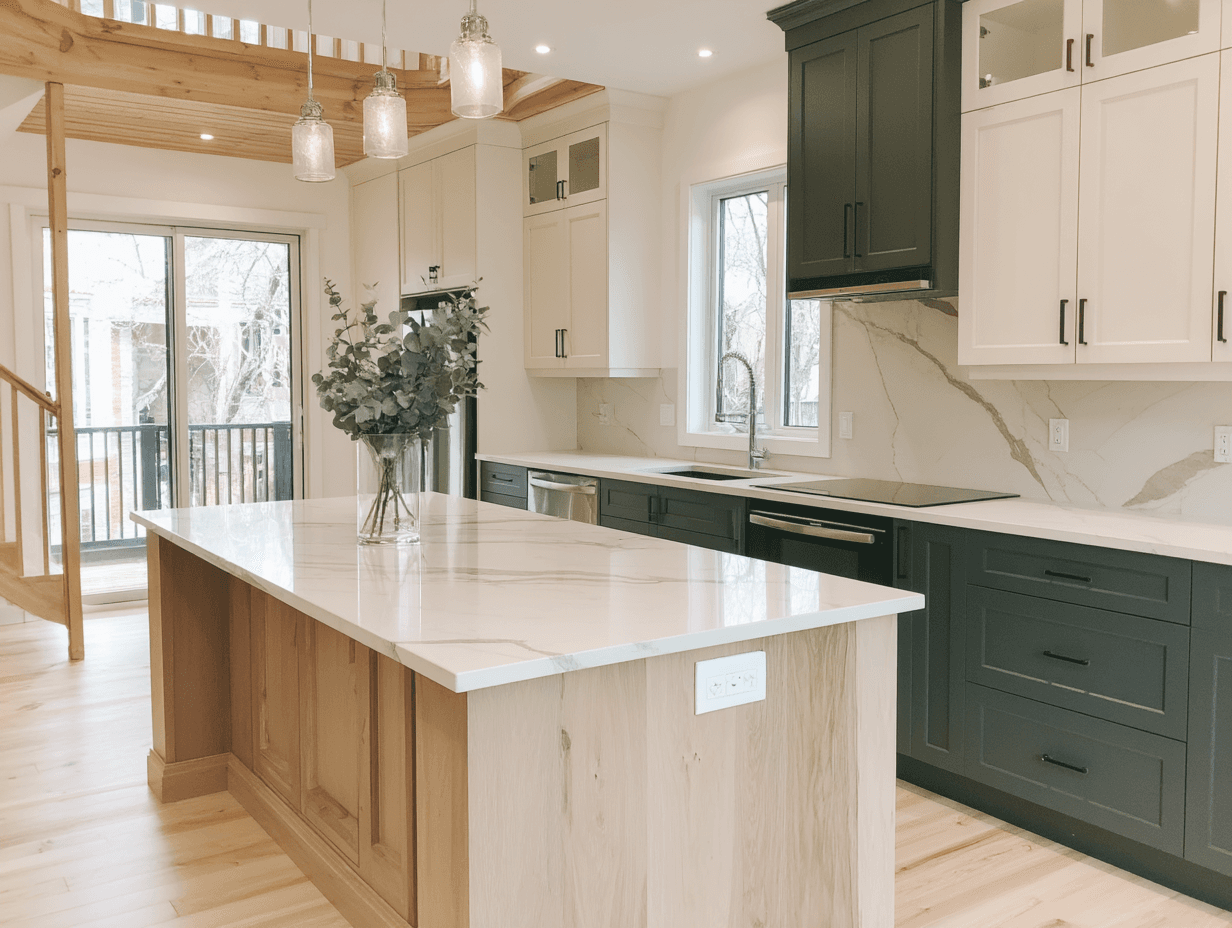 Modern kitchen with wood island and quartz countertop, black and white cabinets and pendant lighting