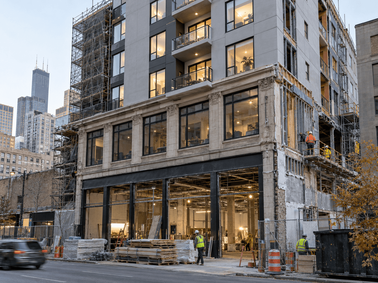 Urban residential building undergoing exterior renovation with scaffolding, construction workers, new windows and a partially rebuilt facade