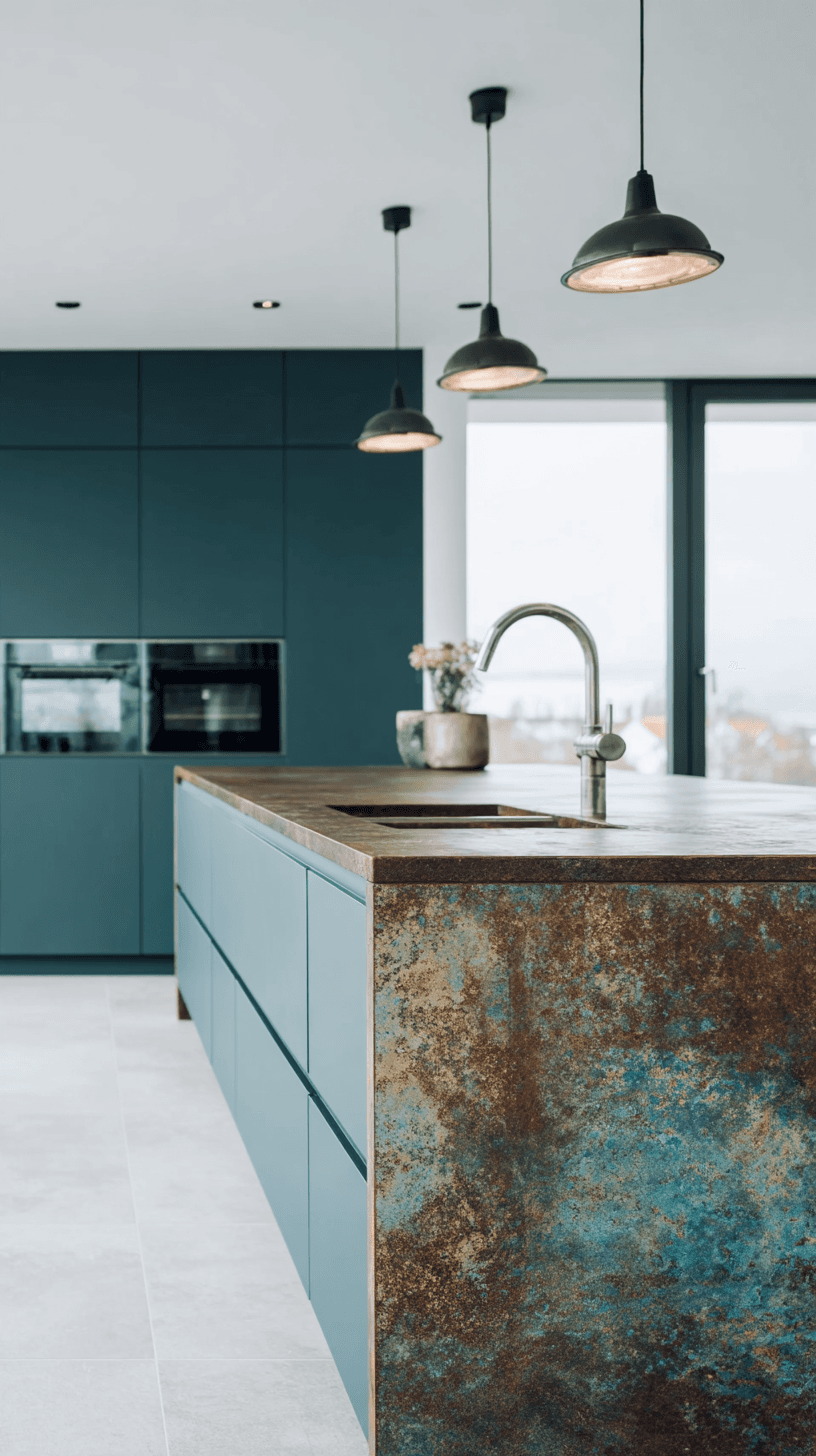 Modern kitchen with deep teal cabinetry, a large central island, textured countertop, integrated sink and black pendant lights