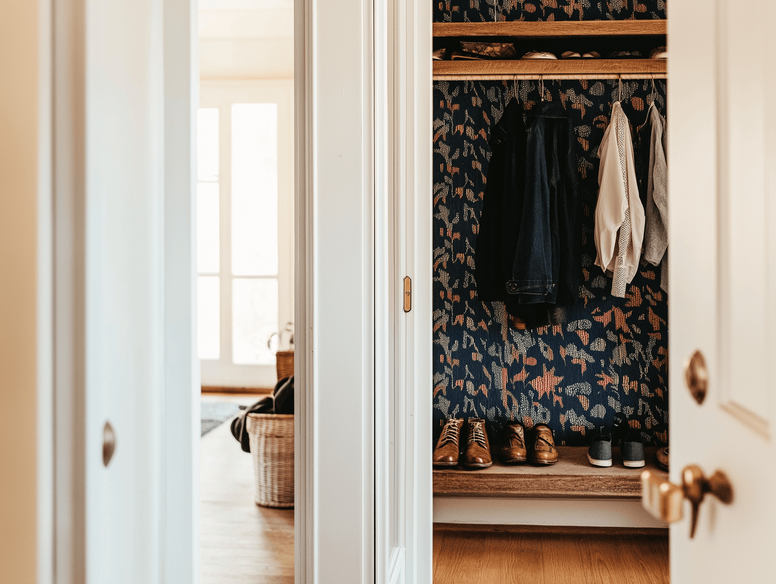 Open closet with colorful patterned background, hanging clothes and shoes arranged on a wooden shelf, in a bright interior.