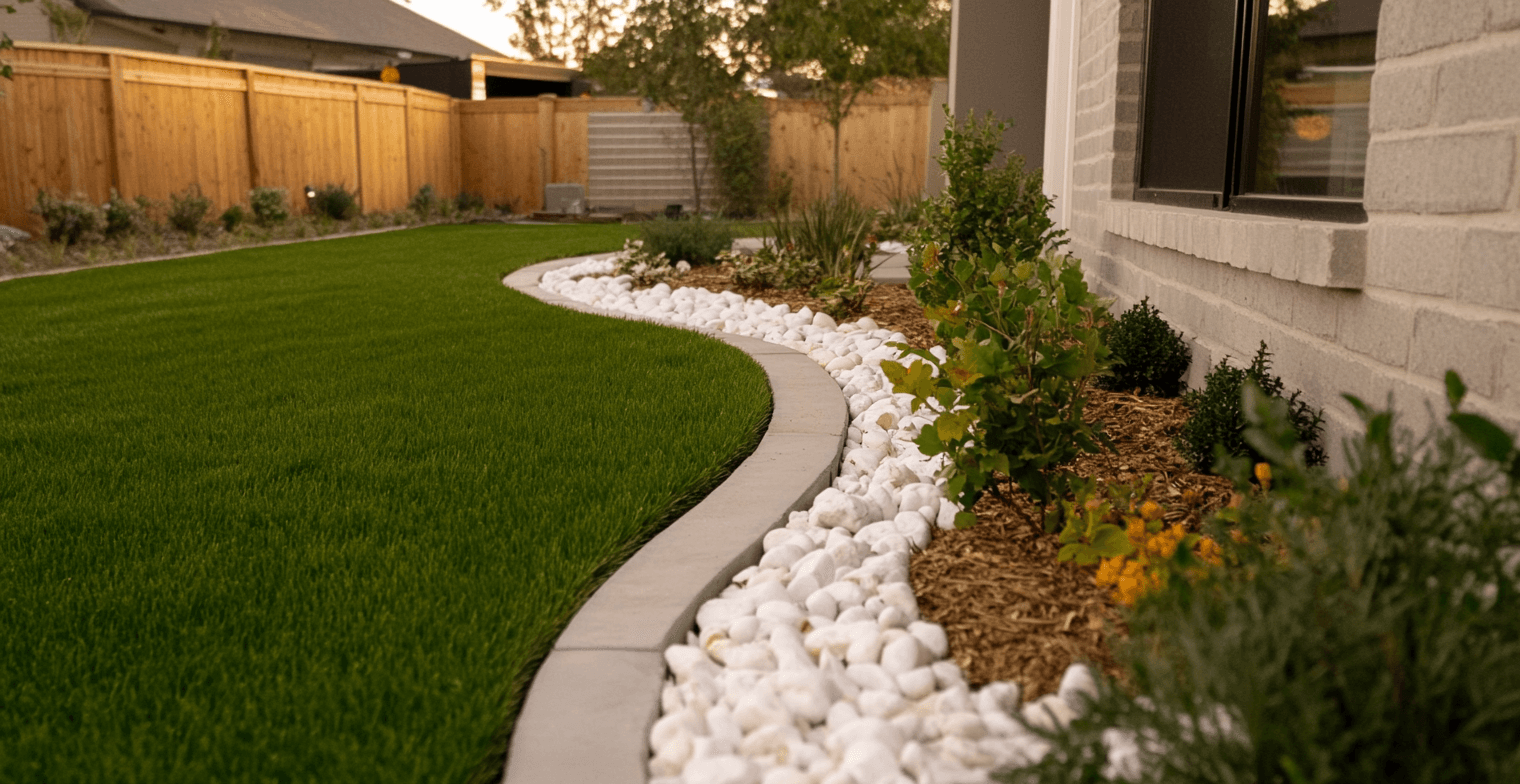 Modern landscaping with green lawn, stone border, white pebbles, and plant beds in front of a brick house.