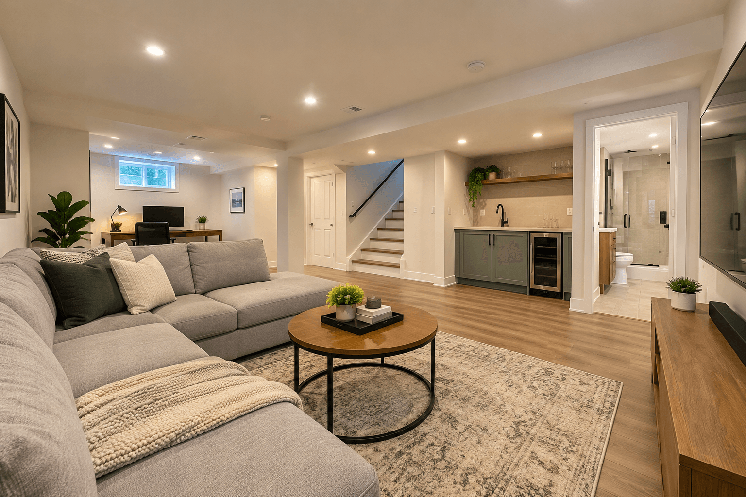 Fully finished residential basement featuring a modern living room, large grey sectional sofa, wood-look flooring, recessed lighting, home office, wet bar with sage green cabinets and a bathroom with glass shower
