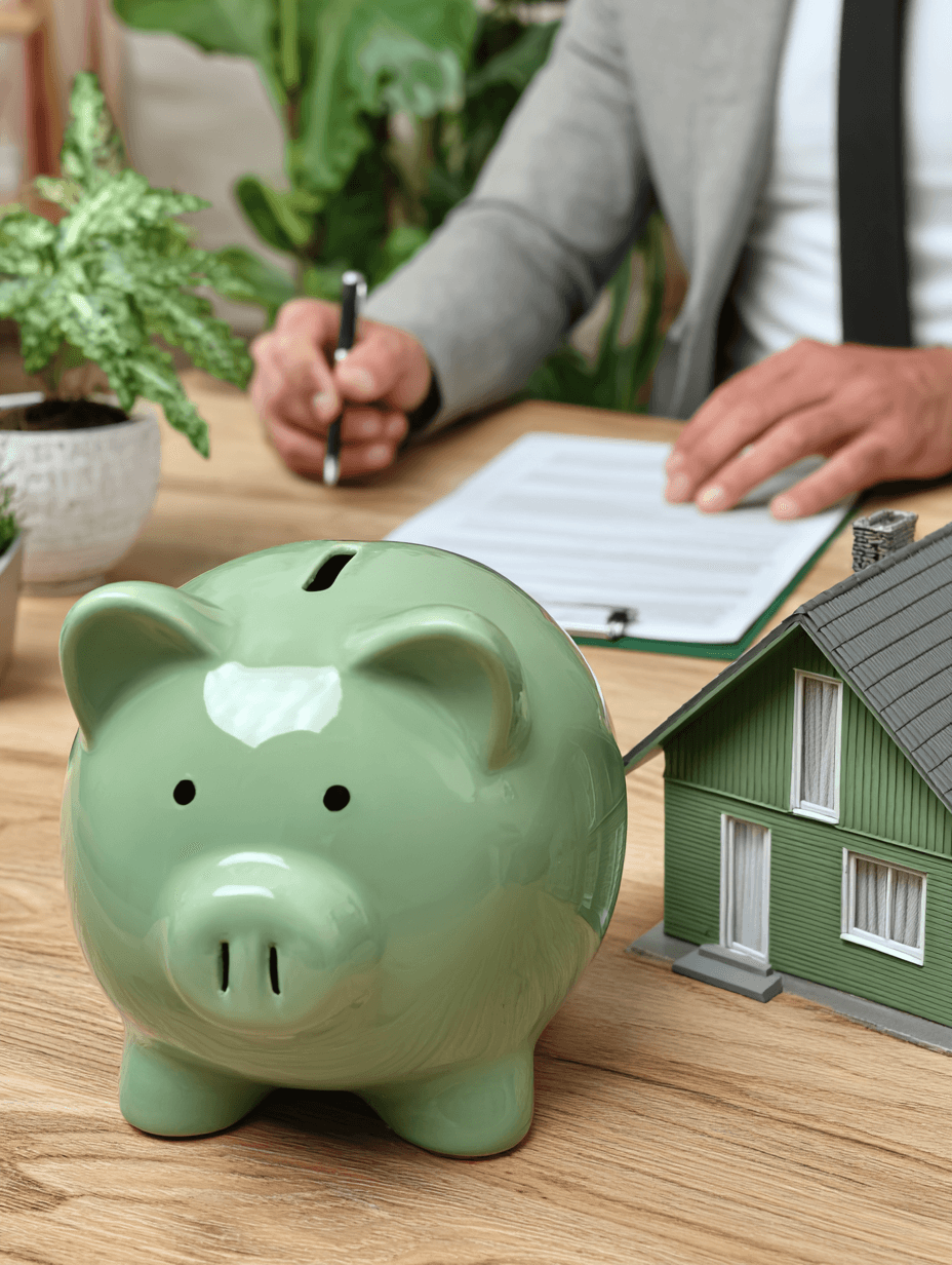 Green piggy bank and model house on a desk in front of an advisor completing paperwork, illustrating home financing, savings and budget planning for residential renovation projects