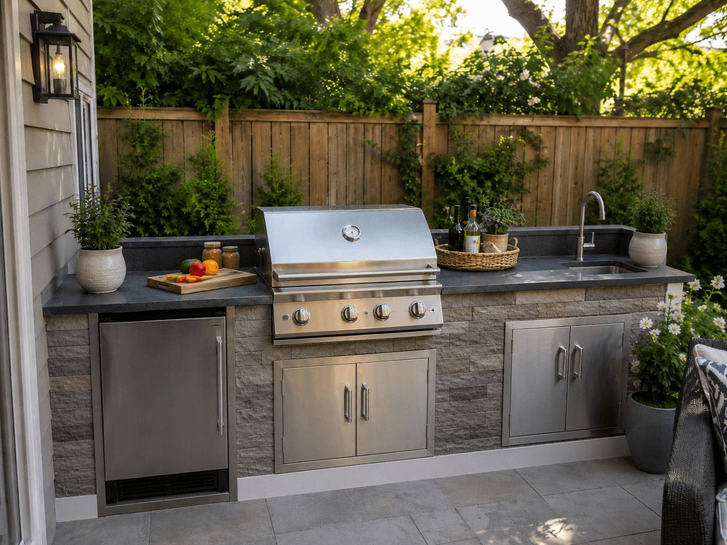 Stone outdoor kitchen with built-in barbecue, sink, refrigerator, countertops and ambient lighting.