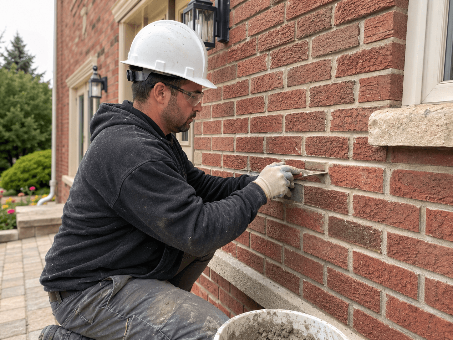 Mason wearing a hard hat and safety glasses repointing an exterior red brick wall with mortar and a trowel