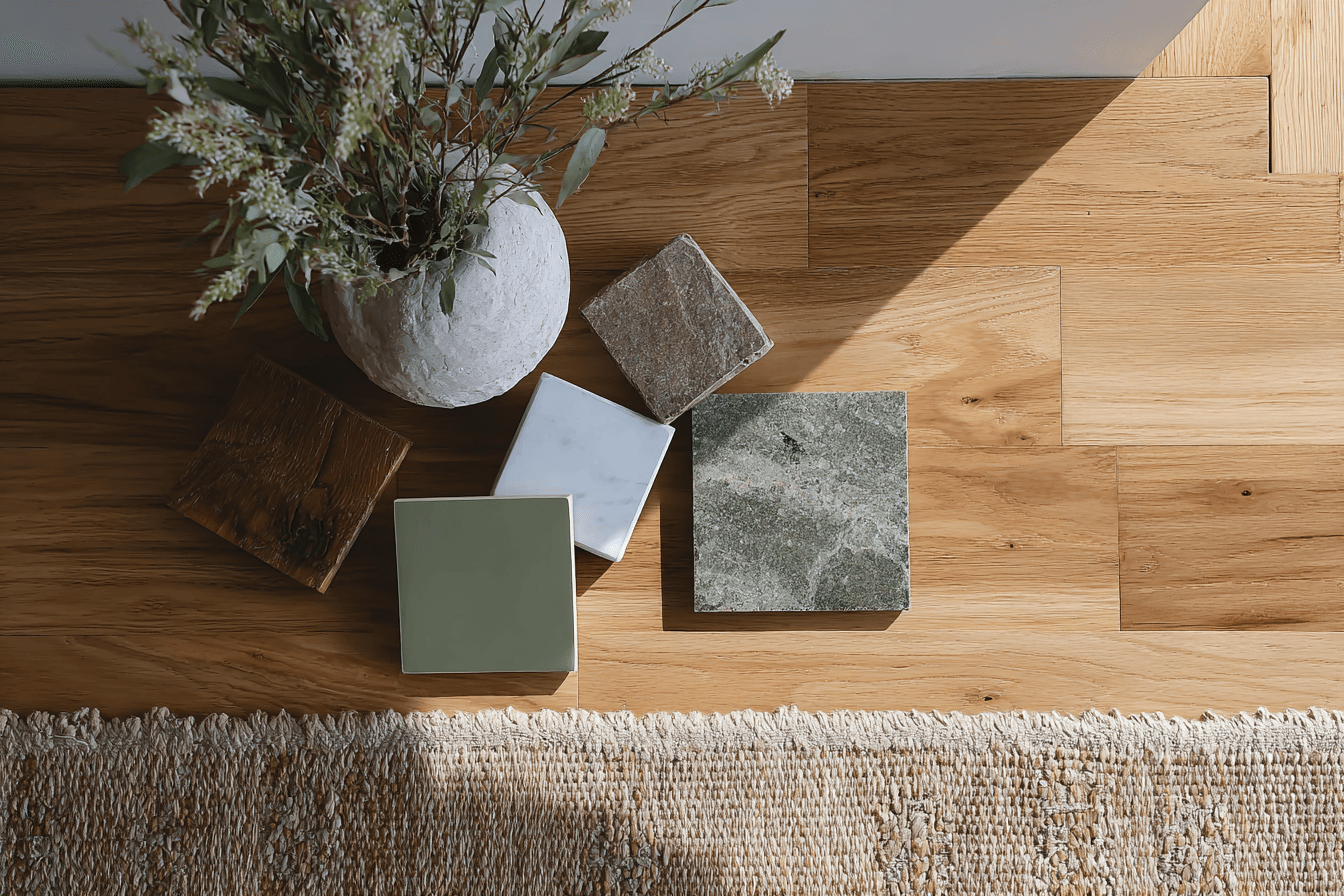 Display of interior finishing material samples on a natural oak-coloured wooden floor, including green ceramic tiles, grey stone, white marble, dark wood samples, a decorative vase with flowers, and a textured beige rug, creating a warm, contemporary atmosphere.