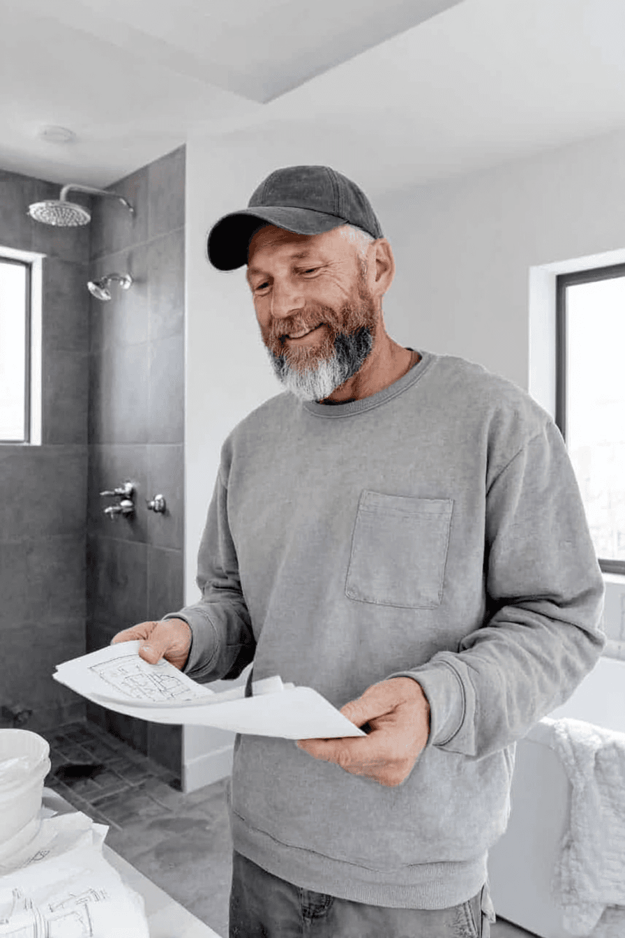 Renovation contractor reviewing building plans in a modern bathroom with a tiled walk-in shower