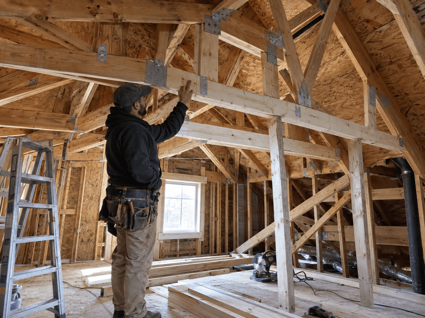 Framing contractor inspecting a wood roof structure with trusses, beams, posts and metal connectors inside a home under renovation