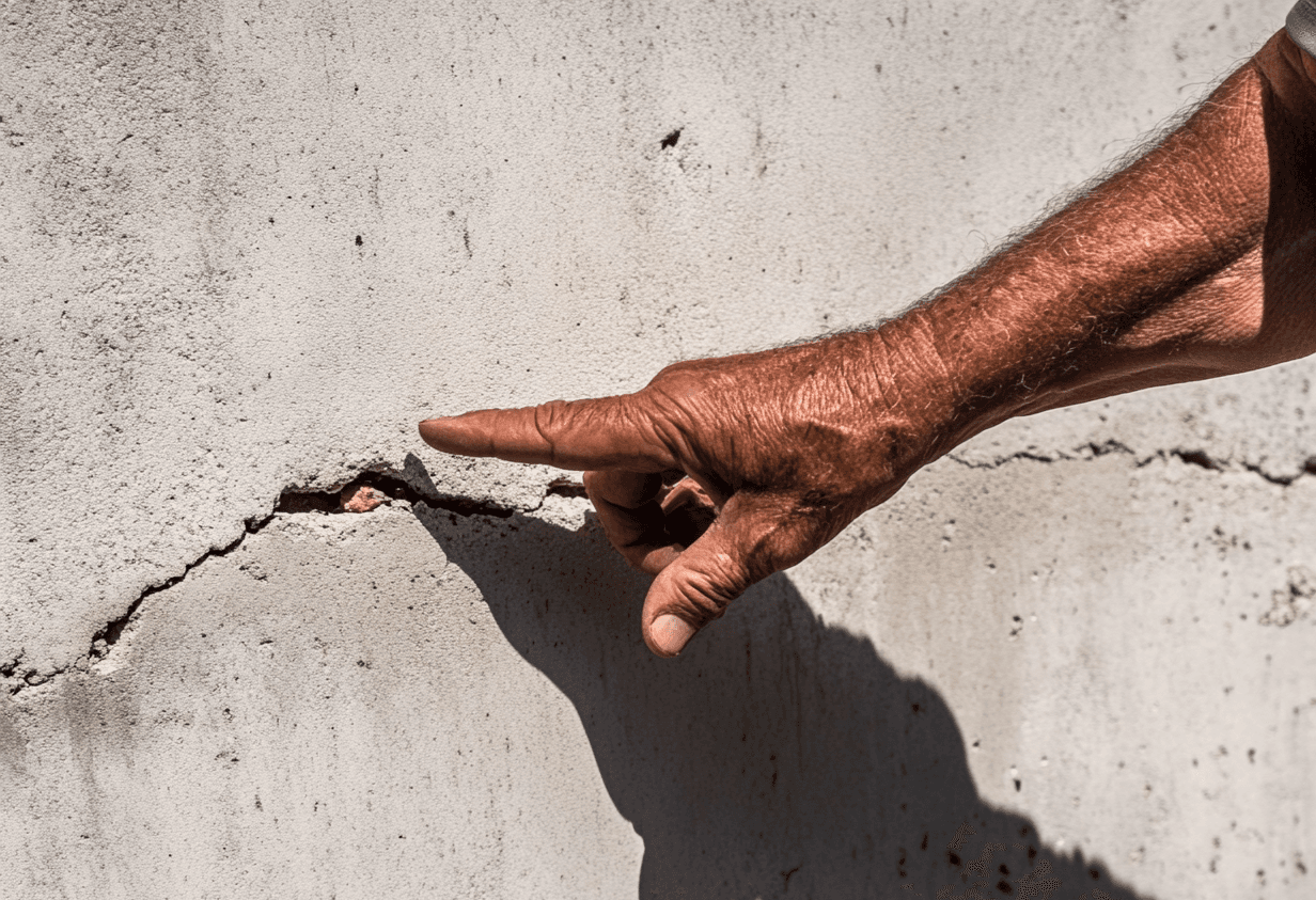Finger pointing to a horizontal crack in a damaged concrete foundation
