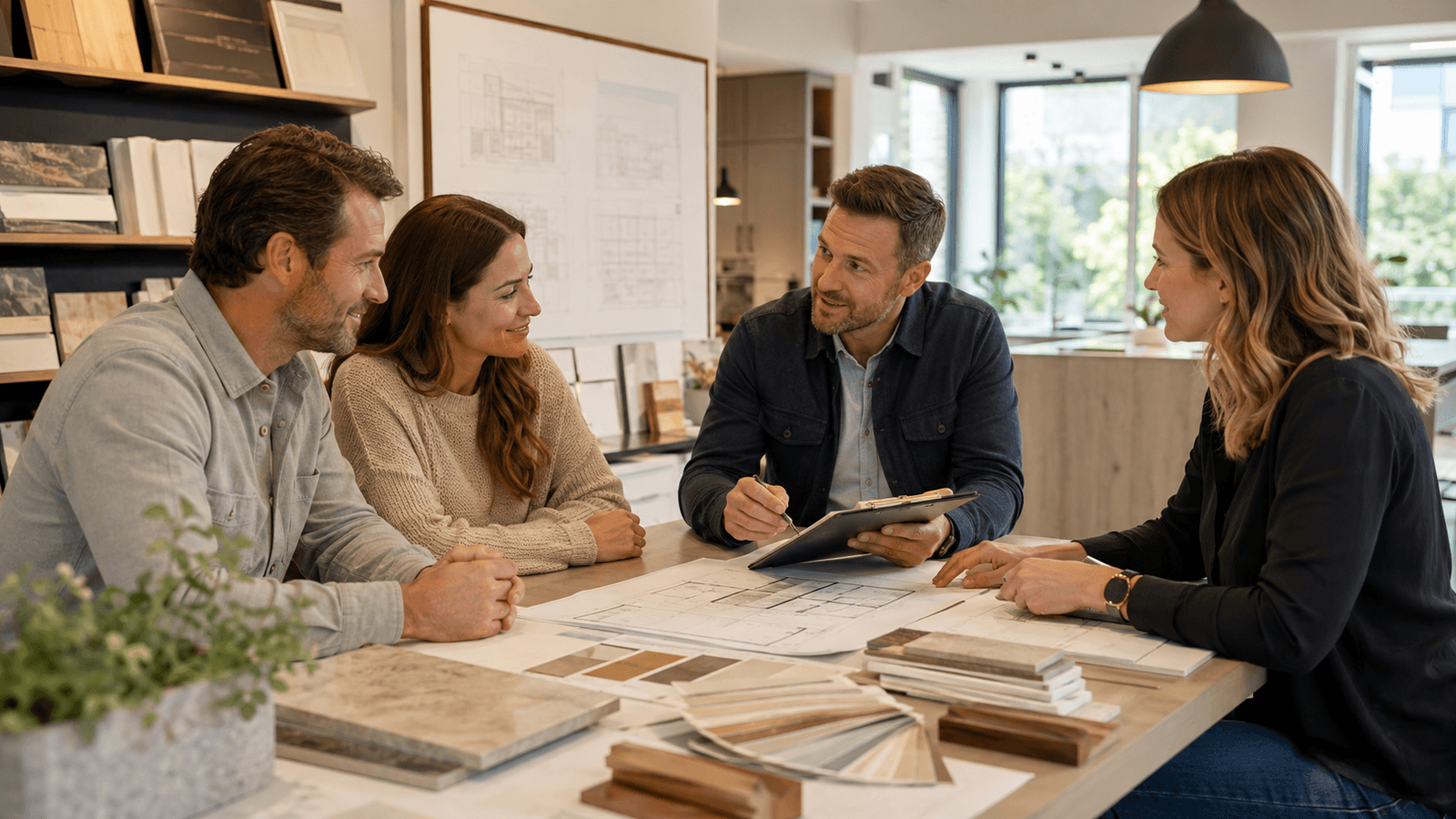 Homeowners discussing a renovation project with professionals around architectural plans and material samples in a design consultation space